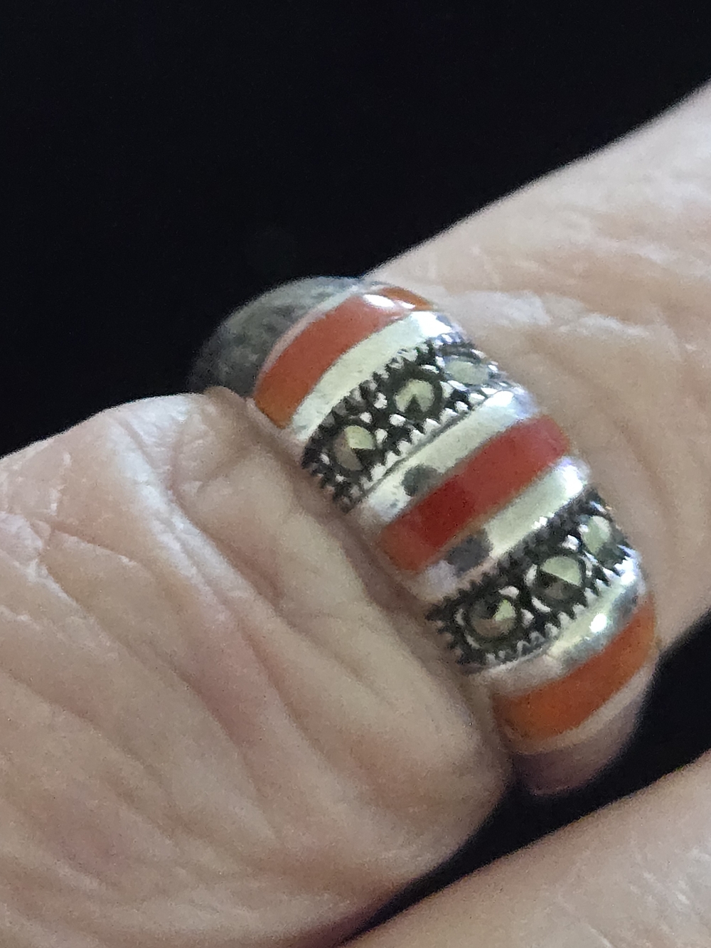 Sterling Silver Red /Orange Color Inlay Dome Ring Tested Sterling Marks Worn